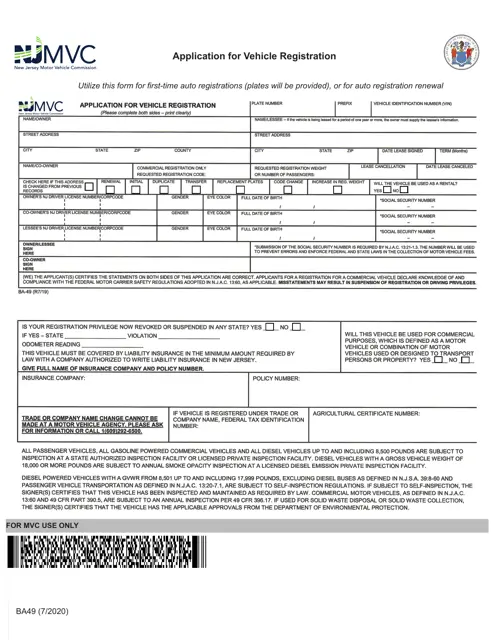 Formulario para registrar un carro en New Jersey